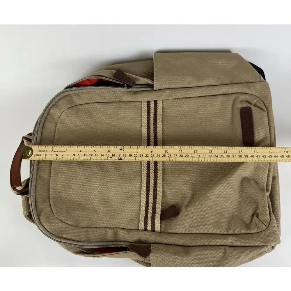 Baekgaard Teddy Zipper Backpack Beige Canvas Italian Leather Accents Laptop Bag